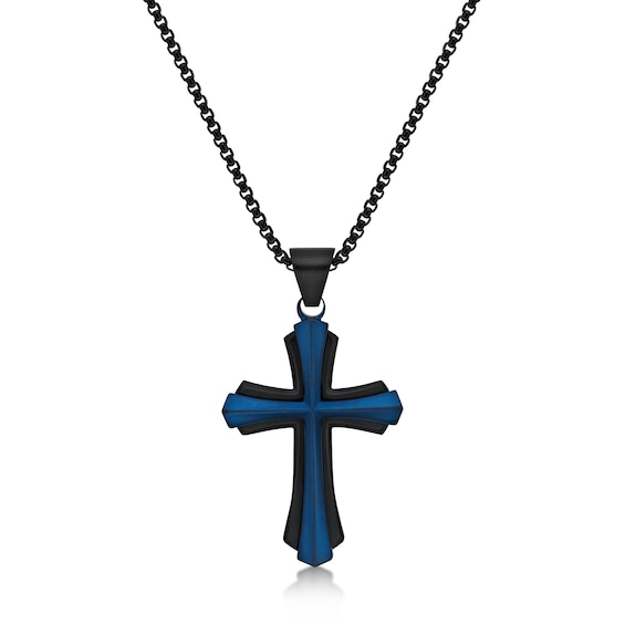 Men's Flared Cross Pendant in Stainless Steel with Black and Blue IP - 24"