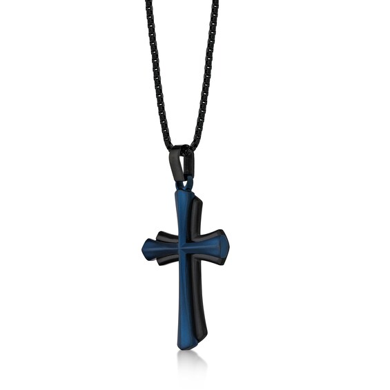 Men's Flared Cross Pendant in Stainless Steel with Black and Blue IP - 24"