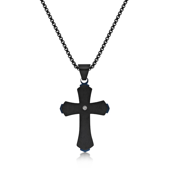 Men's Flared Cross Pendant in Stainless Steel with Black and Blue IP - 24"