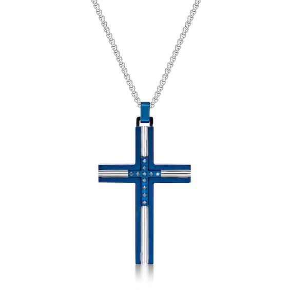 Men's 1/15 CT. T.w. Blue Diamond Inlay Channel Cross Pendant in Stainless Steel and Blue IP - 24"