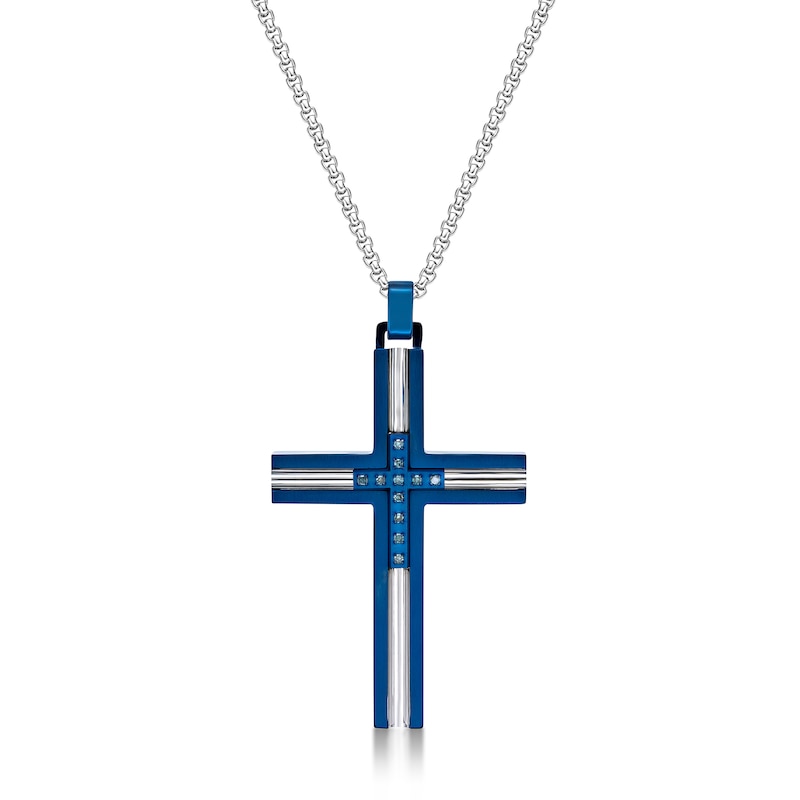 Men's 1/15 CT. T.W. Blue Diamond Inlay Channel Cross Pendant in Stainless Steel and Blue IP - 24"