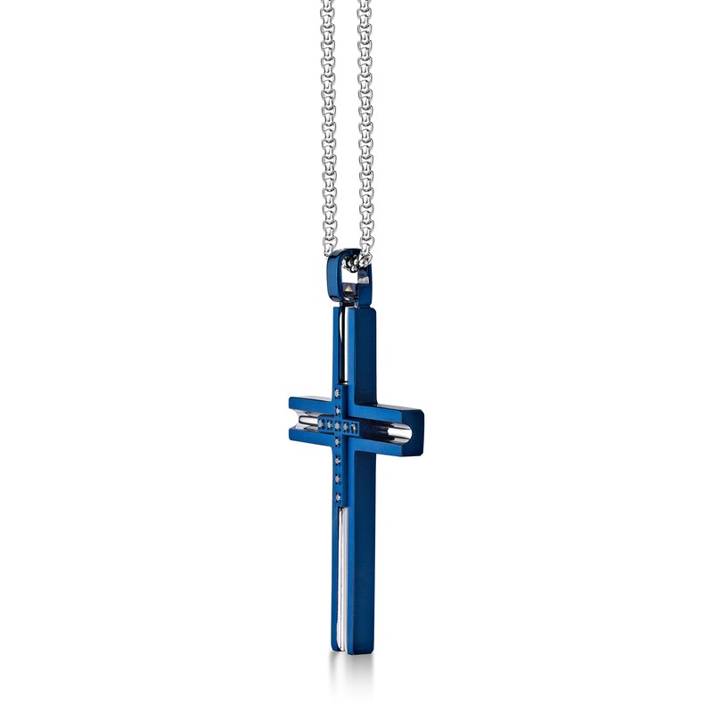 Men's 1/15 CT. T.W. Blue Diamond Inlay Channel Cross Pendant in Stainless Steel and Blue IP - 24"