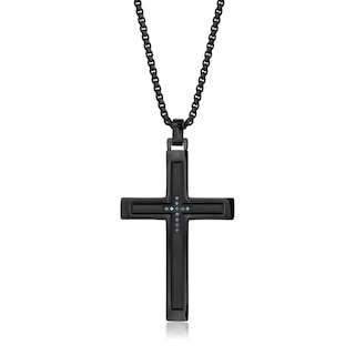 Men's 1/20 CT. T.W. Blue Diamond Inlay Cross Pendant in Stainless Steel and Black IP - 24"
