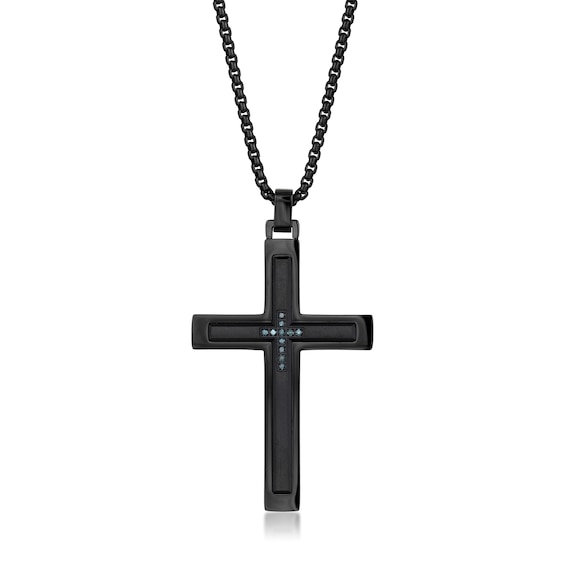 Men's 1/20 CT. T.w. Blue Diamond Inlay Cross Pendant in Stainless Steel and Black IP - 24"