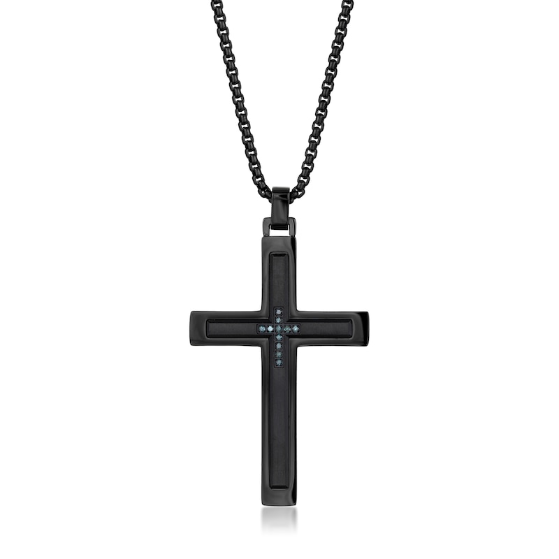 Men's 1/20 CT. T.W. Blue Diamond Inlay Cross Pendant in Stainless Steel and Black IP - 24"