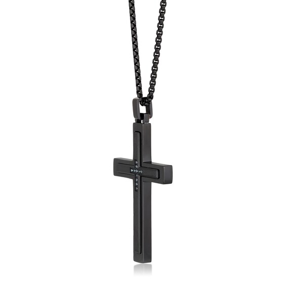 Men's 1/20 CT. T.w. Blue Diamond Inlay Cross Pendant in Stainless Steel and Black IP - 24"