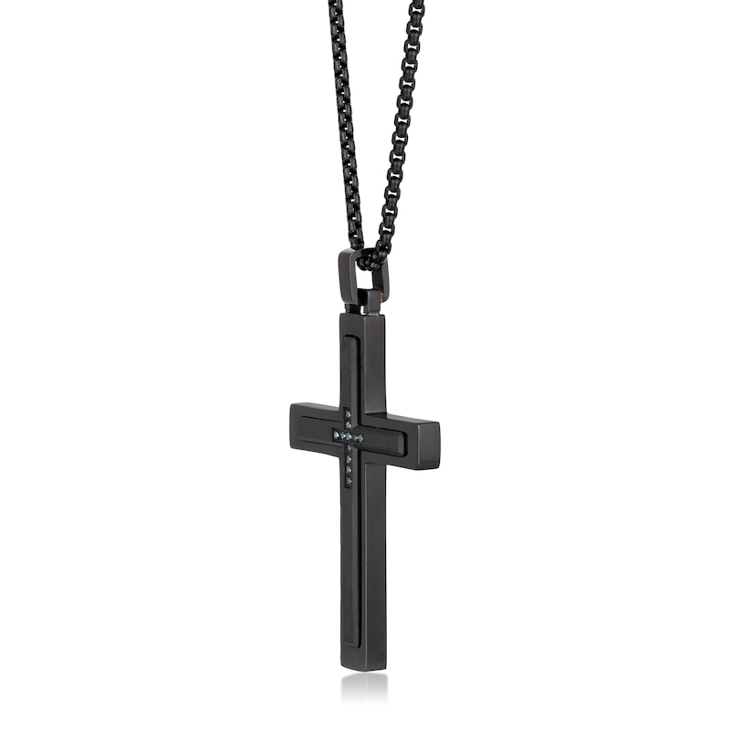 Men's 1/20 CT. T.W. Blue Diamond Inlay Cross Pendant in Stainless Steel and Black IP - 24"