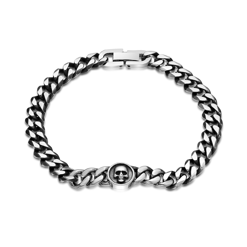 Main Image 1 of Men's Skull Curb Chain Bracelet in Two-Tone Stainless Steel and Black IP - 8.5"