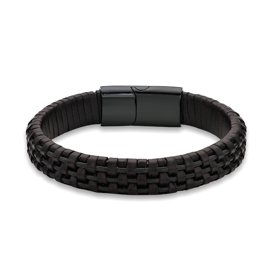12.0mm Woven Leather Bracelet with Stainless Steel and Black IP Clasp - 8.5"