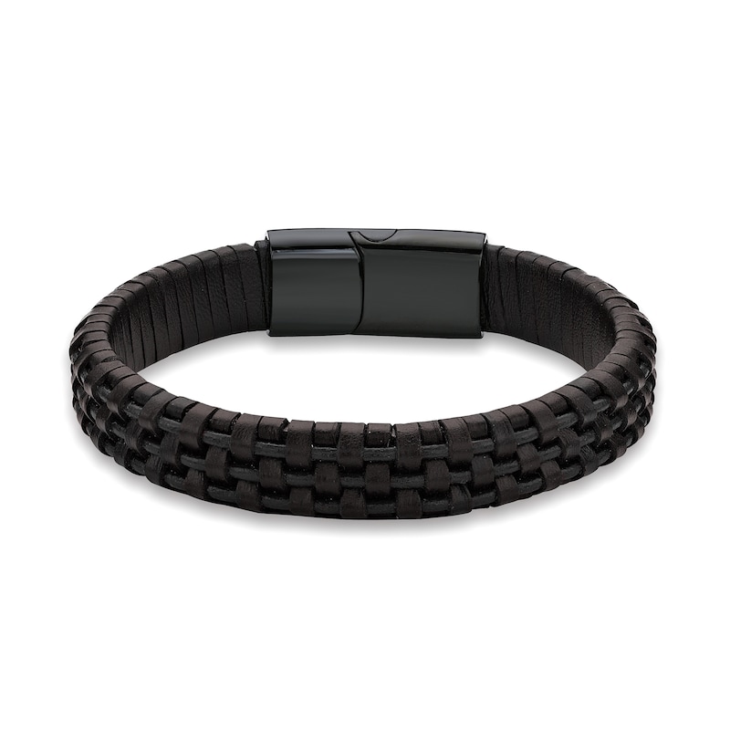 Men's 12.0mm Woven Leather Bracelet with Stainless Steel and Black IP Clasp  - 8.5