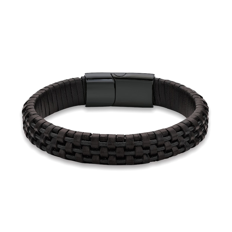 Men's 12.0mm Woven Leather Bracelet with Stainless Steel and Black IP Clasp - 8.5"