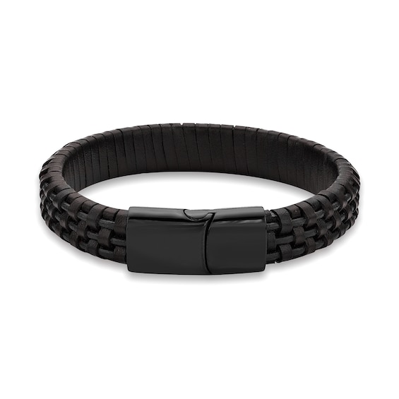 12.0mm Woven Leather Bracelet with Stainless Steel and Black IP Clasp - 8.5"