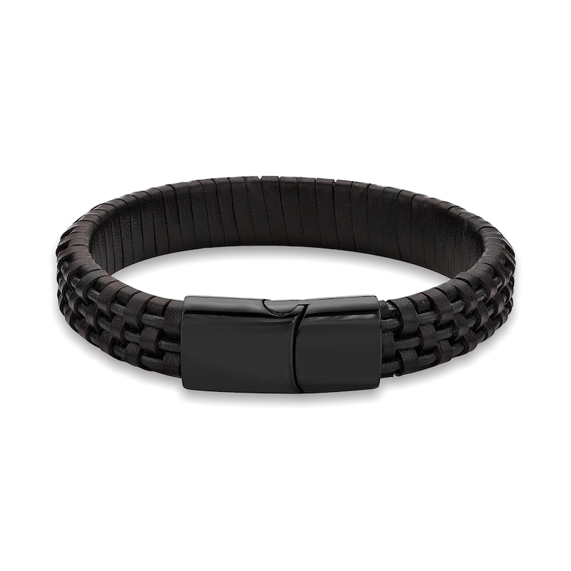 Men's 12.0mm Woven Leather Bracelet with Stainless Steel and Black IP ...