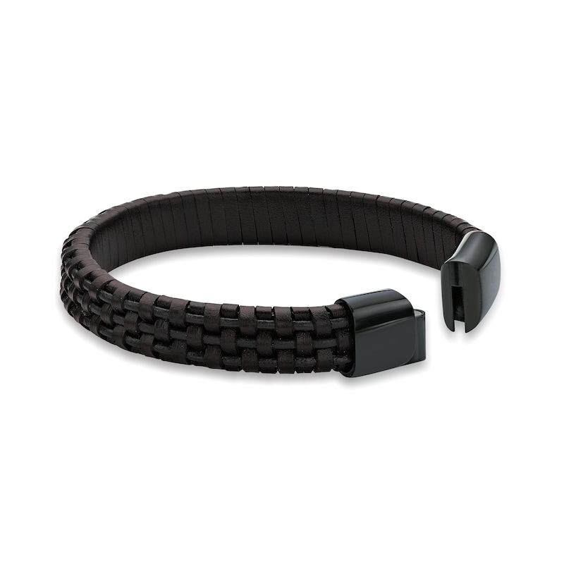 Men's 12.0mm Woven Leather Bracelet with Stainless Steel and Black IP Clasp - 8.5"