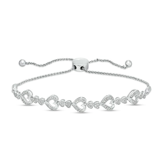1/3 CT. T.w. Diamond Large and Small Alternating Heart Bolo Bracelet in Sterling Silver – 10"