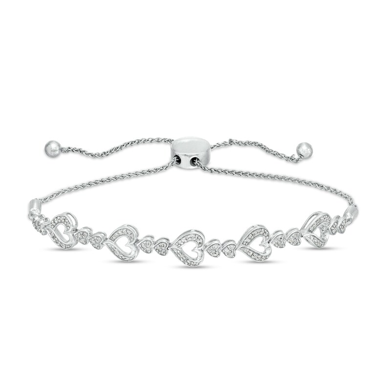 Main Image 1 of 1/3 CT. T.W. Diamond Large and Small Alternating Heart Bolo Bracelet in Sterling Silver – 10"