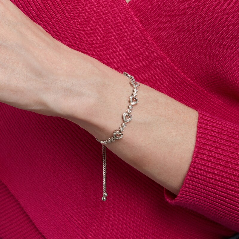Main Image 2 of 1/3 CT. T.W. Diamond Large and Small Alternating Heart Bolo Bracelet in Sterling Silver – 10"