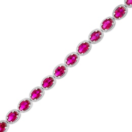Oval Lab-Created Ruby Rope-Textured Frame Tennis Bracelet in Sterling Silver - 7.5"