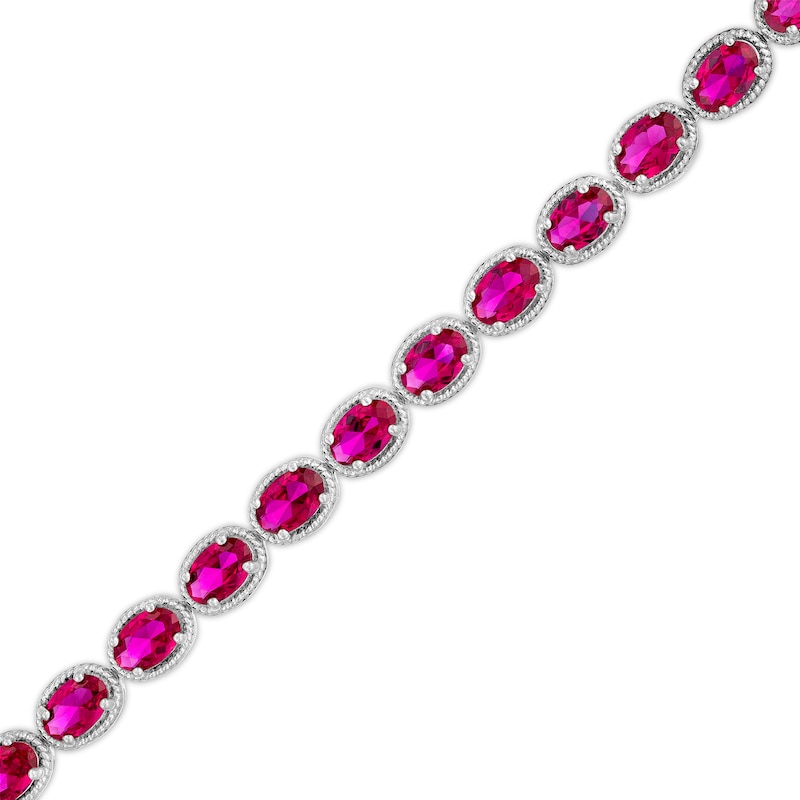 Main Image 1 of Oval Lab-Created Ruby Rope-Textured Frame Tennis Bracelet in Sterling Silver - 7.5"