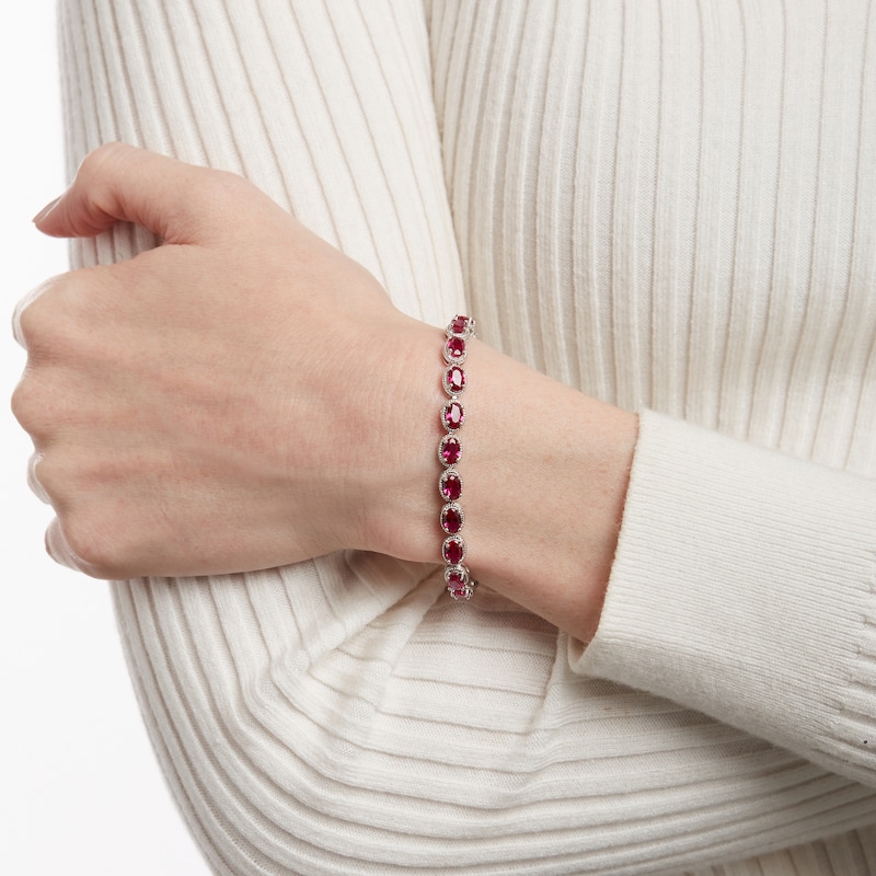 Main Image 2 of Oval Lab-Created Ruby Rope-Textured Frame Tennis Bracelet in Sterling Silver - 7.5"