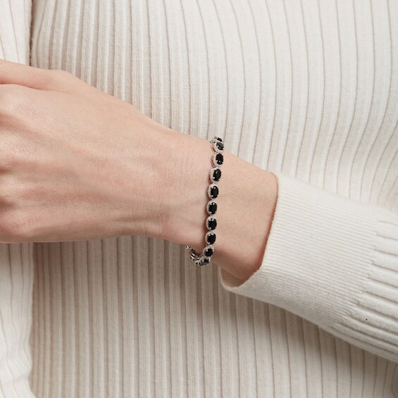 Oval Black Onyx Rope-Textured Frame Line Bracelet in Sterling Silver - 7.5"