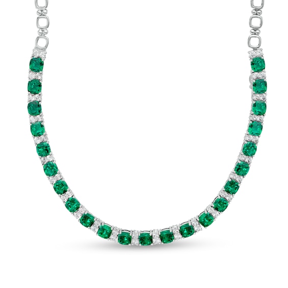 6.0mm Cushion-Cut Lab-Created Emerald and White Sapphire Alternating Link Necklace in Sterling Silver