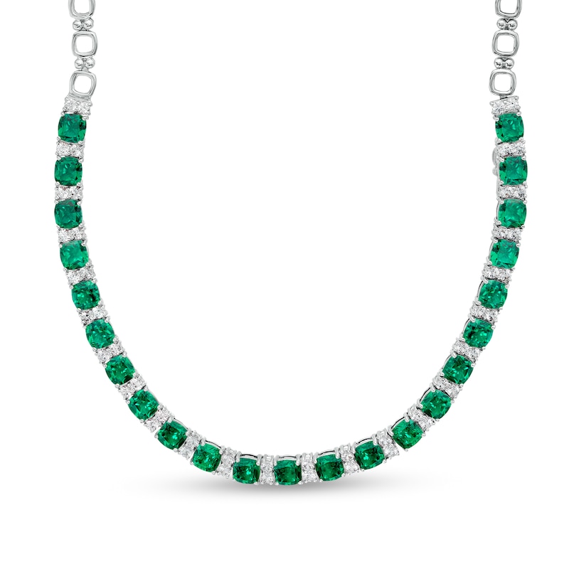 Main Image 1 of 6.0mm Cushion-Cut Lab-Created Emerald and White Sapphire Alternating Link Necklace in Sterling Silver