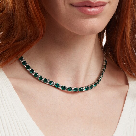 6.0mm Cushion-Cut Lab-Created Emerald and White Sapphire Alternating Link Necklace in Sterling Silver