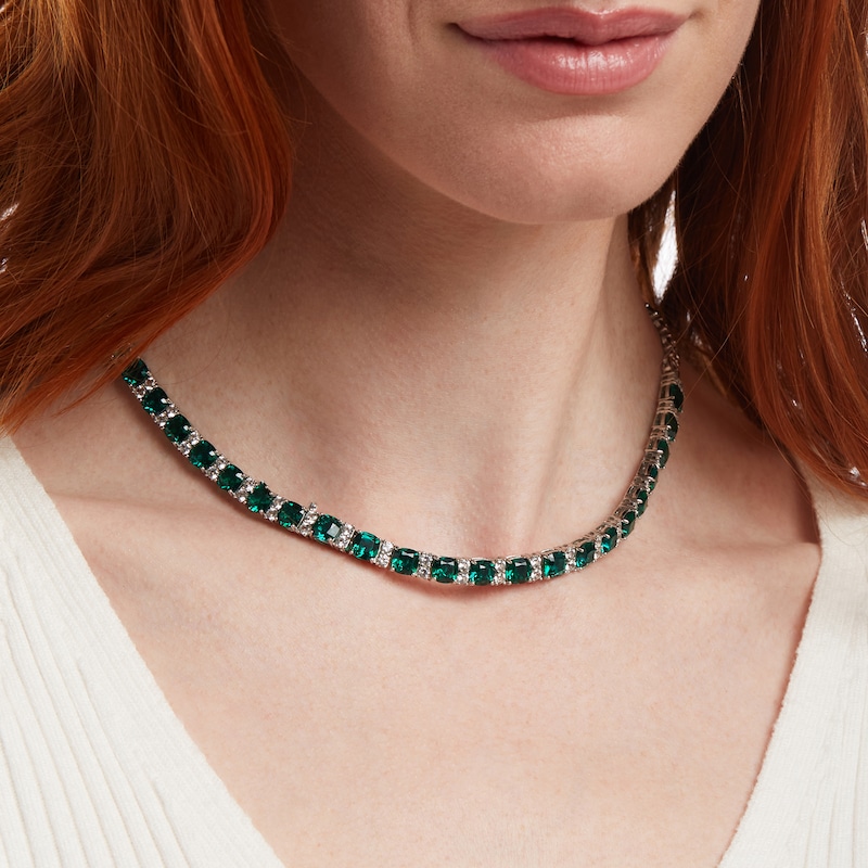 Main Image 2 of 6.0mm Cushion-Cut Lab-Created Emerald and White Sapphire Alternating Link Necklace in Sterling Silver
