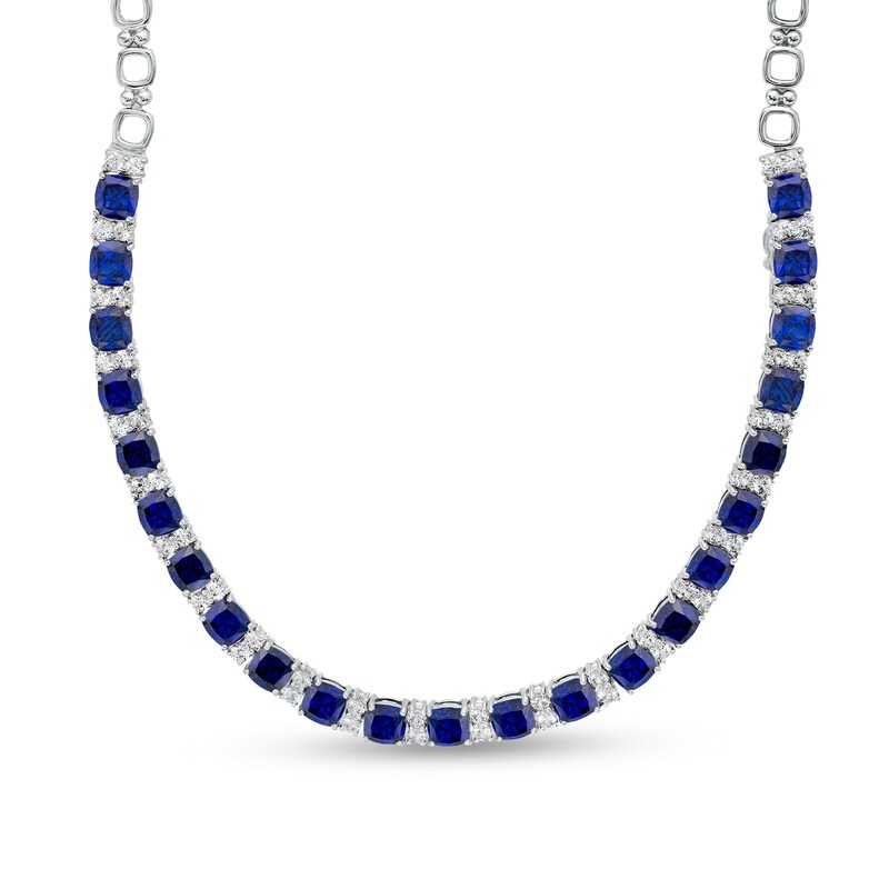 Main Image 1 of 6.0mm Cushion-Cut Blue and White Lab-Created Sapphire Alternating Link Necklace in Sterling Silver