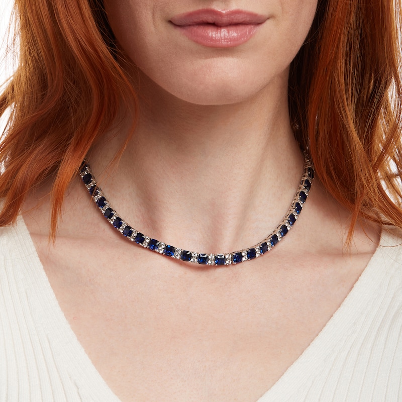 Main Image 2 of 6.0mm Cushion-Cut Blue and White Lab-Created Sapphire Alternating Link Necklace in Sterling Silver