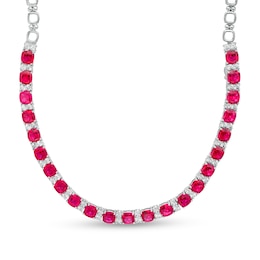 6.0mm Cushion-Cut Lab-Created Ruby and White Sapphire Alternating Link Necklace in Sterling Silver