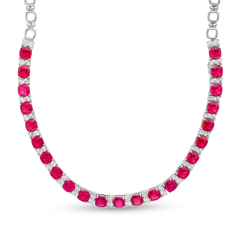 Main Image 1 of 6.0mm Cushion-Cut Lab-Created Ruby and White Sapphire Alternating Link Necklace in Sterling Silver