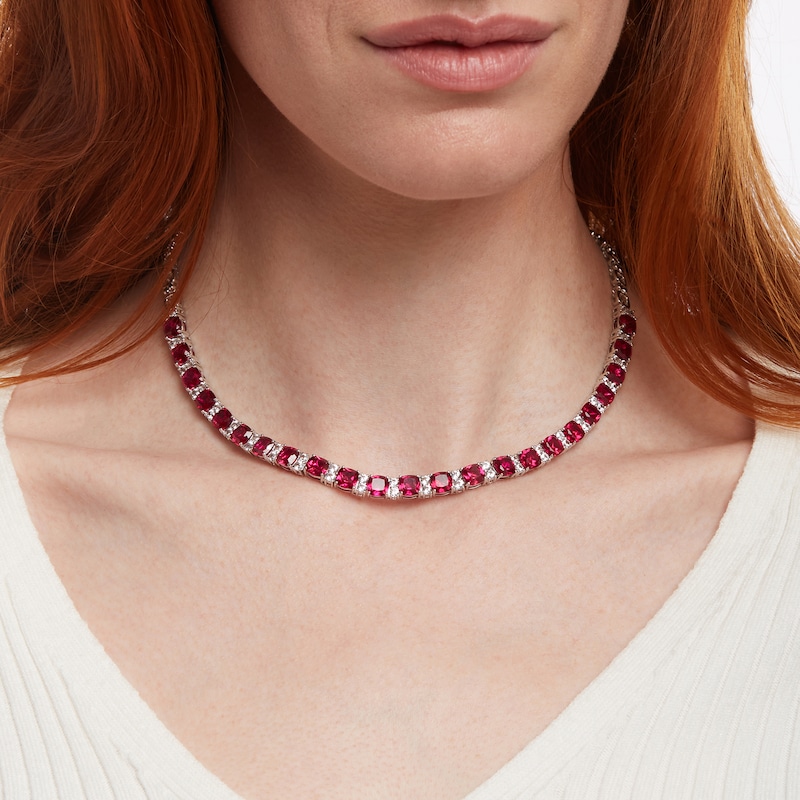 Main Image 2 of 6.0mm Cushion-Cut Lab-Created Ruby and White Sapphire Alternating Link Necklace in Sterling Silver