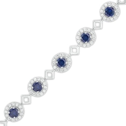 5.0mm Blue and White Lab-Created Sapphire Frame Alternating Square Link Bracelet in Sterling Silver - 7.5"