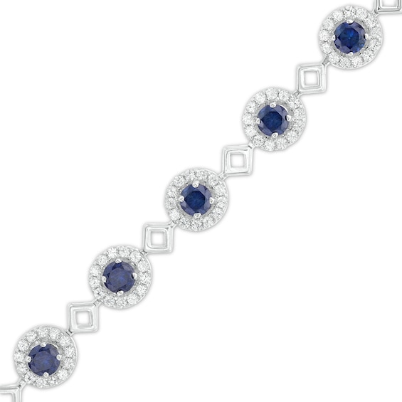 5.0mm Blue and White Lab-Created Sapphire Frame Alternating Square Link Bracelet in Sterling Silver - 7.5"