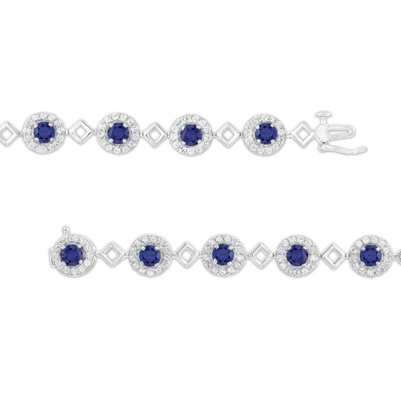 5.0mm Blue and White Lab-Created Sapphire Frame Alternating Square Link Bracelet in Sterling Silver - 7.5"