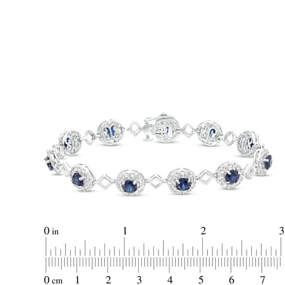 5.0mm Blue and White Lab-Created Sapphire Frame Alternating Square Link Bracelet in Sterling Silver - 7.5"