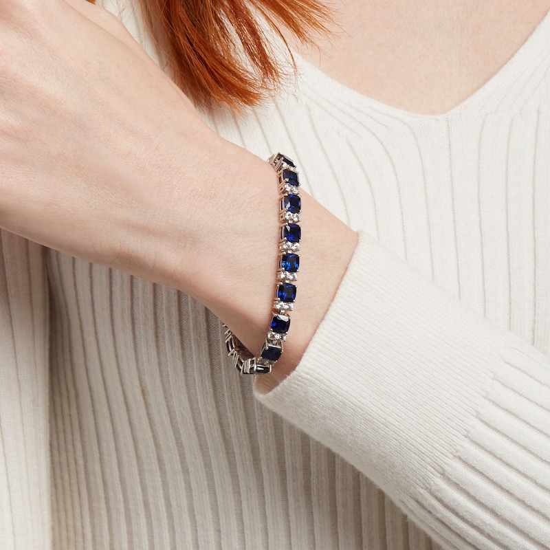 Main Image 2 of 6.0mm Cushion-Cut Blue and White Lab-Created Sapphire Alternating Link Bracelet in Sterling Silver - 7.25"