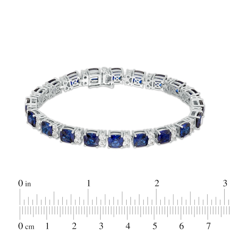 Main Image 4 of 6.0mm Cushion-Cut Blue and White Lab-Created Sapphire Alternating Link Bracelet in Sterling Silver - 7.25"
