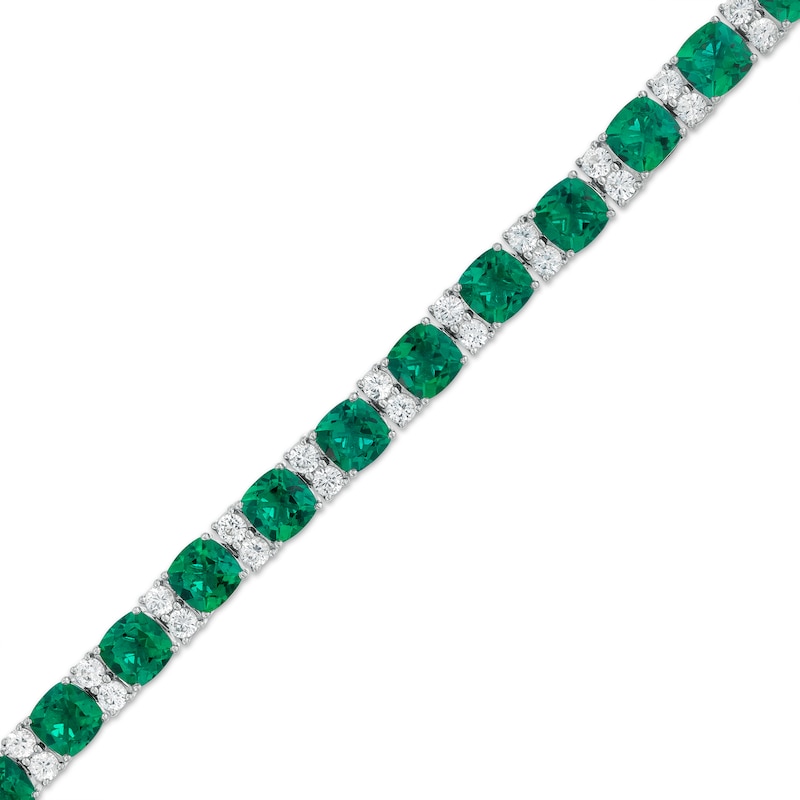 Main Image 1 of 6.0mm Cushion-Cut Lab-Created Emerald and White Sapphire Alternating Link Bracelet in Sterling Silver - 7.5"