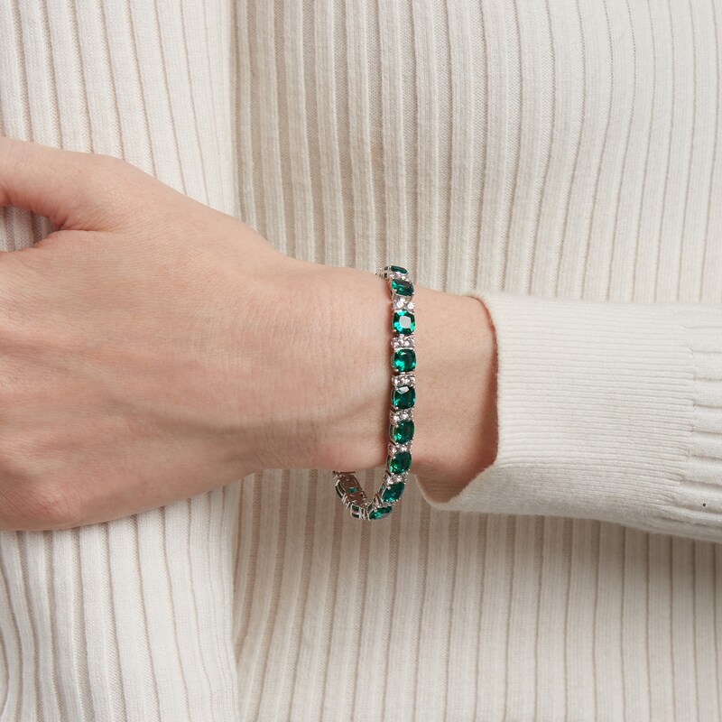 Main Image 2 of 6.0mm Cushion-Cut Lab-Created Emerald and White Sapphire Alternating Link Bracelet in Sterling Silver - 7.5"