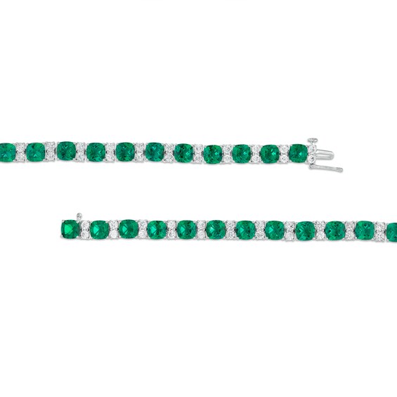 6.0mm Cushion-Cut Lab-Created Emerald and White Sapphire Alternating Link Bracelet in Sterling Silver - 7.5"