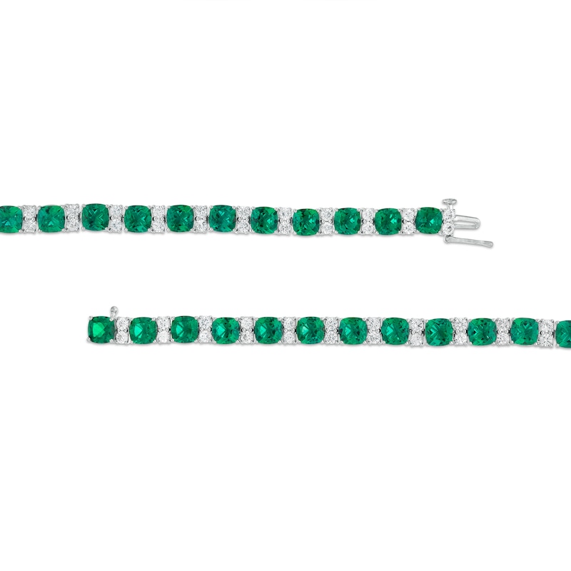 Main Image 3 of 6.0mm Cushion-Cut Lab-Created Emerald and White Sapphire Alternating Link Bracelet in Sterling Silver - 7.5"