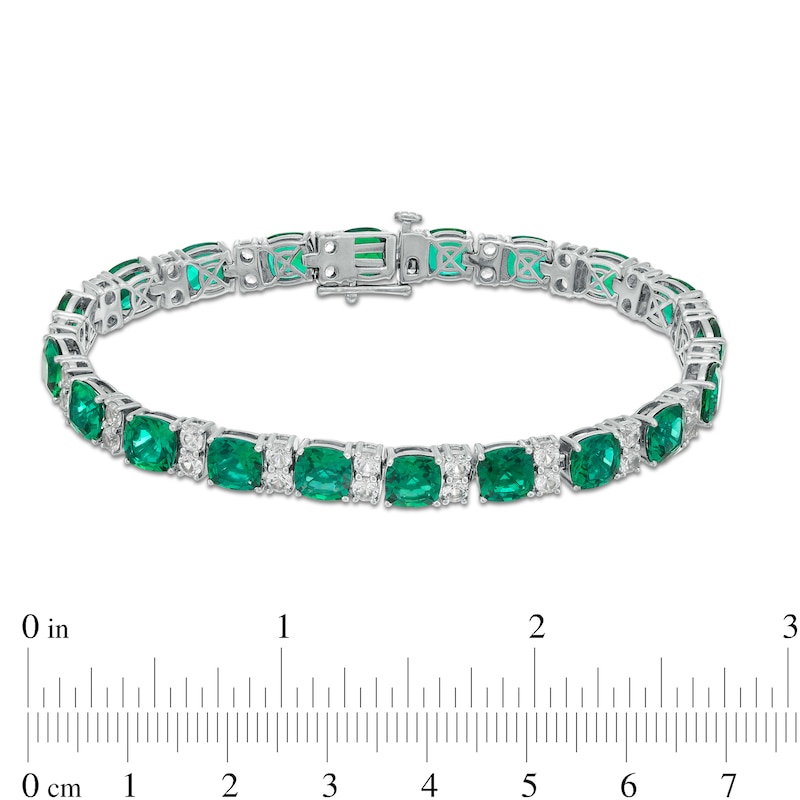 Main Image 4 of 6.0mm Cushion-Cut Lab-Created Emerald and White Sapphire Alternating Link Bracelet in Sterling Silver - 7.5"