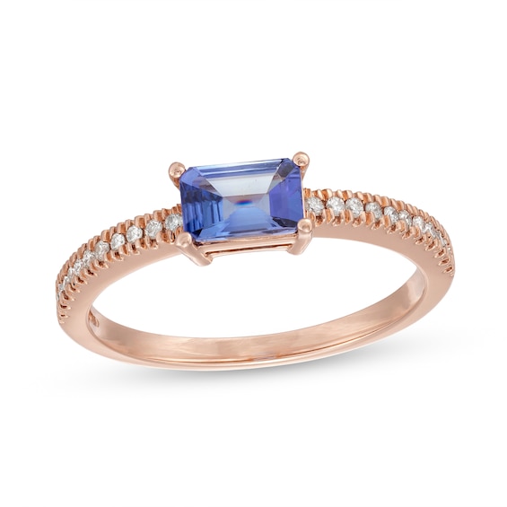 Emerald-Cut Tanzanite and 1/10 CT. T.w. Diamond Ring in 14K Rose Gold