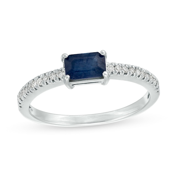 Emerald-Cut Blue Sapphire and 1/10 CT. T.w. Diamond Ring in 14K White Gold