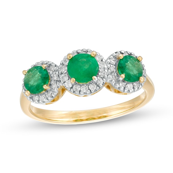 4.5mm Emerald and 1/5 CT. T.w. Diamond Frame Three Stone Ring in 14K Gold