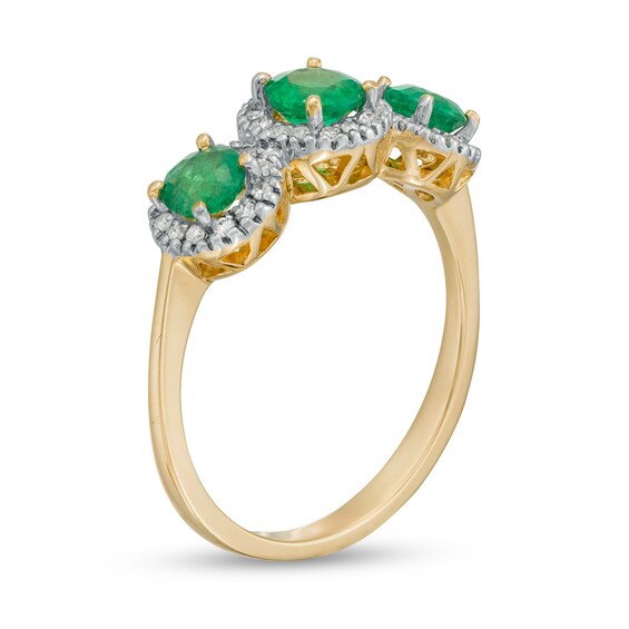 4.5mm Emerald and 1/5 CT. T.w. Diamond Frame Three Stone Ring in 14K Gold