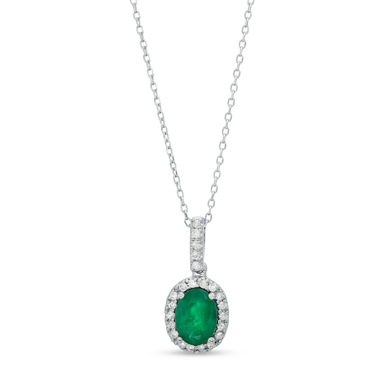 Oval Emerald and 1/8 CT. T.w. Diamond Frame Pendant in 14K White Gold